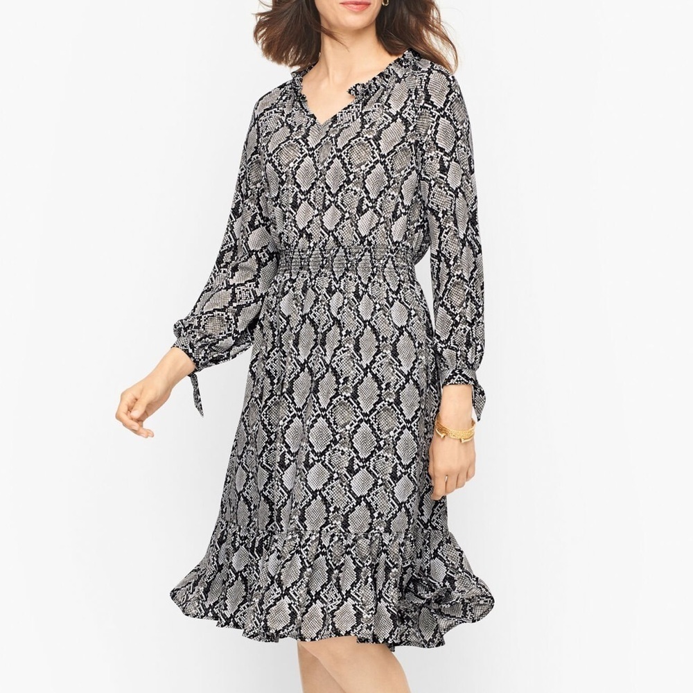 Talbots Snakeskin Print Tie Sleeve Fit & Flare Dress Size Small